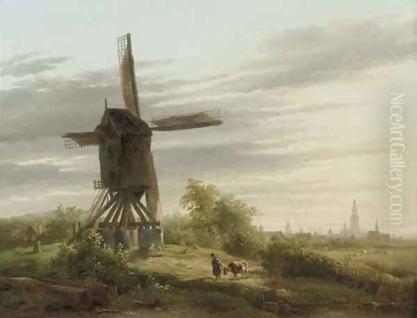 A Spinnekopmolen in a meadow Oil Painting by Abraham Van Der Wayen Pieterszen