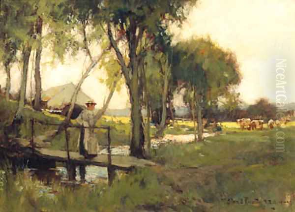 And A Girl On A Bridge Over A Stream Oil Painting by Adam Edwin Proctor