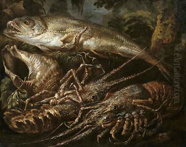 Still-life of two lobsters, a salmon and shells on a forest floor Oil Painting by Felice Boselli Piacenza