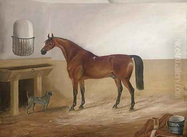 A bay hunter and a canine companion in a stable Oil Painting by Thomas Pain