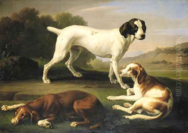 A pointer and two setters in an extensive landscape Oil Painting by Wenceslaus Peter