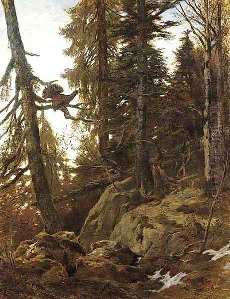 A heath cock roosting in an Alpine forest Oil Painting by Franz Von Pausinger