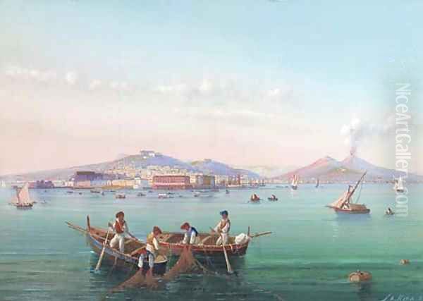 Fishermen hauling in their nets in the Bay of Naples Oil Painting by Gioacchino La Pira