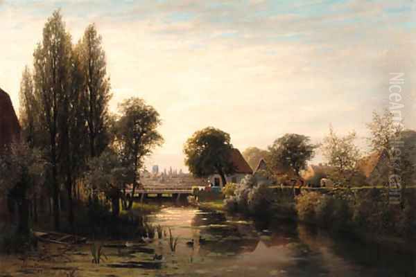 A Dutch village by a canal Oil Painting by Jacobus Johannes Van Poorten