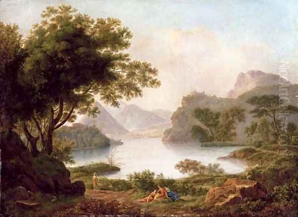 A river landscape with a pyramid, with classical figures on a bank Oil Painting by Jean-Pierre Pequignot