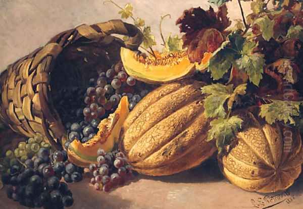 Melons And Grapes With A Basket Oil Painting by Landislaus Eugen Petrovits