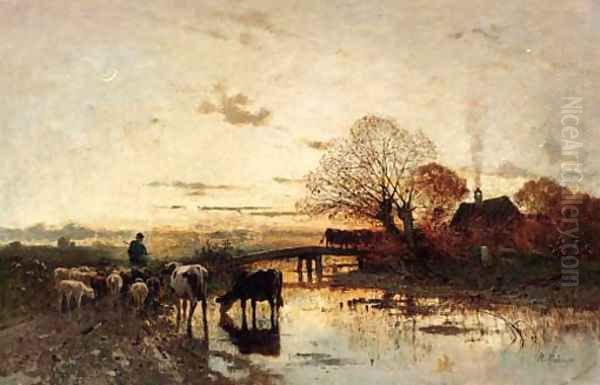 A shepherd with his herd at dusk Oil Painting by Richard Von Poschinger