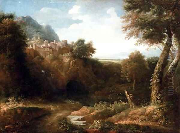 A river landscape with a walled town on a hill and a coastal view beyond Oil Painting by Gaspard Dughet Poussin