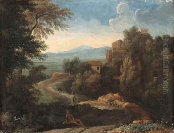 An Italianate landscape with figures by a path Oil Painting by Gaspard Dughet Poussin