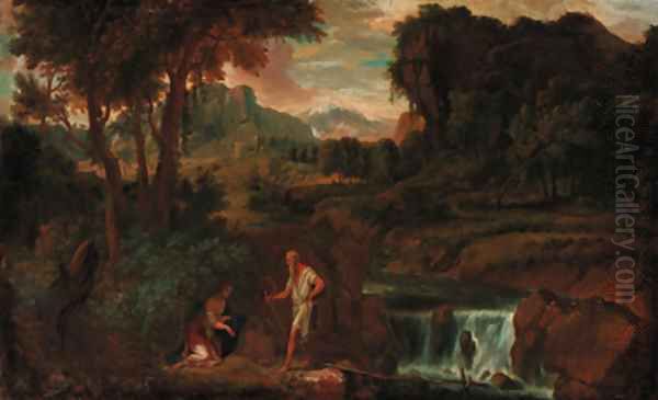 An extensive landscape with a woman and hermit saint by a rocky river Oil Painting by Gaspard Dughet Poussin