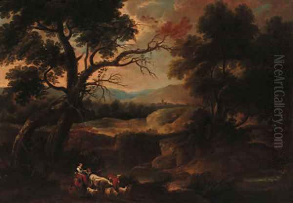 Drovers in a wooded landscape Oil Painting by Gaspard Dughet Poussin