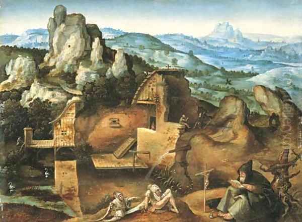 An extensive rocky landscape with the Temptation of Saint Anthony Oil Painting by Joachim Patenier (Patinir)