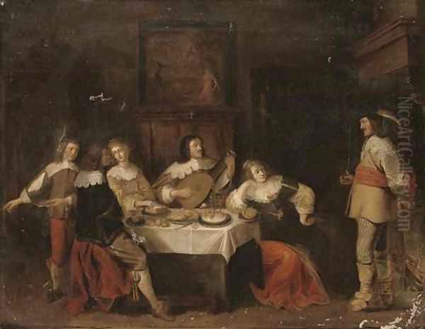 Elegant company eating and merrymaking in an interior Oil Painting by Anthonie Palamedesz