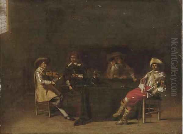 A guardroom interior with men making music and drinking Oil Painting by Anthonie Palamedesz