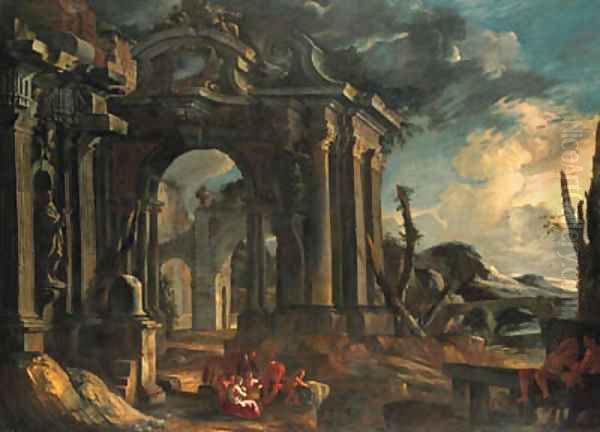 An architectural capriccio with peasants Oil Painting by Pietro (Il Mirandolese) Paltronieri