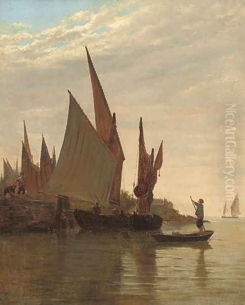 Barges on the Venetian coast Oil Painting by Giulio Cecchini Prichard