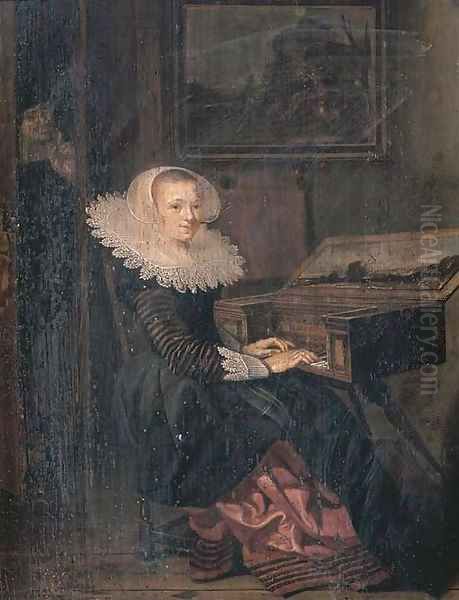 A young woman playing the virginals, a man in the doorway beyond Oil Painting by Hendrick Gerritsz. Pot