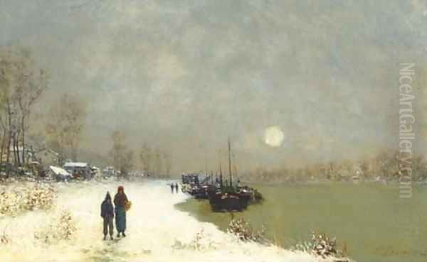 Figures along a riverside in winter Oil Painting by Paul Emmanuel Peraire