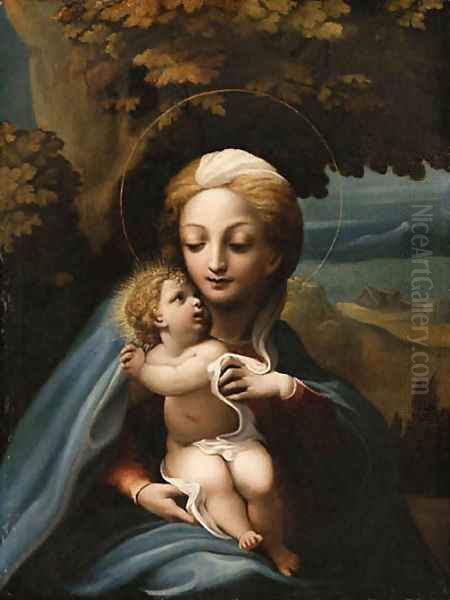 The Madonna and Child in a Landscape Oil Painting by School Of Parma