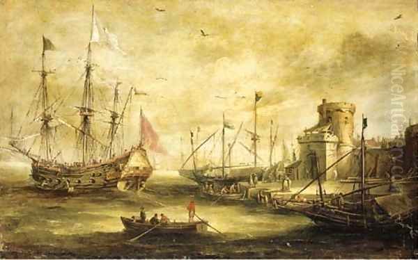 A Dutch port with a Man-of-War Oil Painting by Bonaventura Peeters