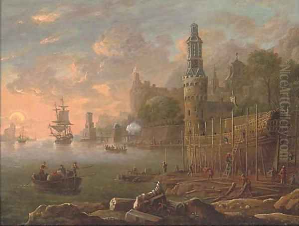 A Mediterranean coastal harbour with figures building a man'o-war, shipping beyond Oil Painting by Bonaventura Peeters