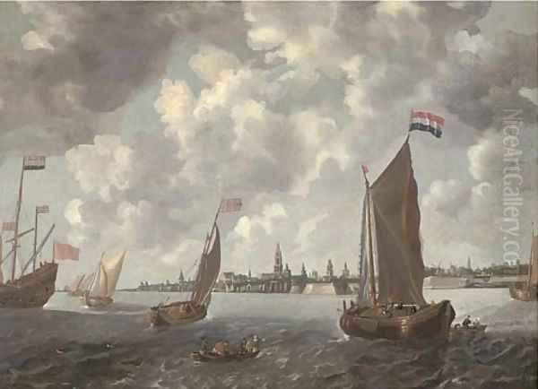 Frigates, smalschips and other shipping in choppy waters in an estuary Oil Painting by Bonaventura Peeters