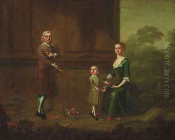 Portrait of a gentleman with his wife and child Oil Painting by Charles Phillips