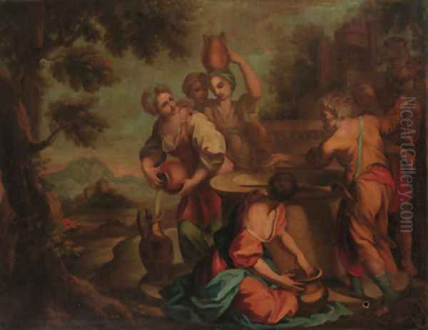 Eliezer offering gifts to Rebecca at the well Oil Painting by Giovanni Antonio Pellegrini