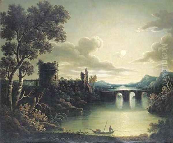 A moonlit watch tower by a river Oil Painting by Henry Pether