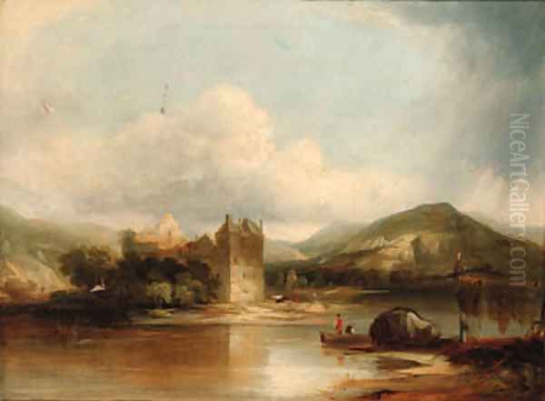 Figures boating on a lake, a ruined castle beyond Oil Painting by James Baker Pyne