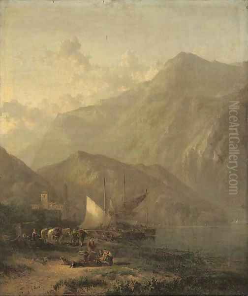 Mountainous lake landscape with figures and boats in the foreground and a villa beyond Oil Painting by James Baker Pyne