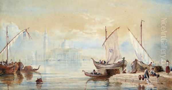 Venetian craft on the lagoon before San Giorgio Maggiore Oil Painting by James Baker Pyne