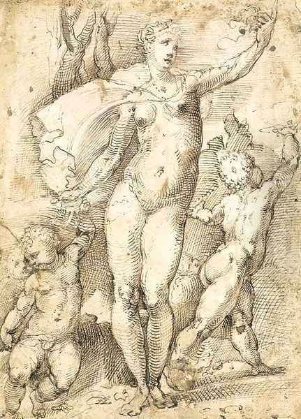 Charity A standing nude woman flanked by putti Oil Painting by Marco Pino