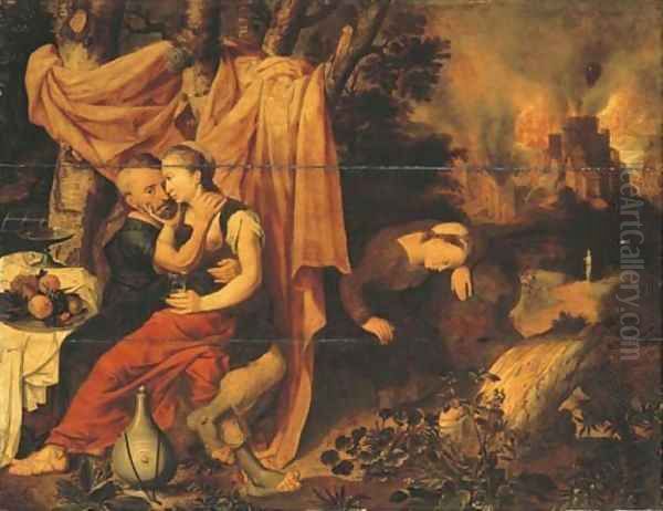 Lot and his Daughters, the Destruction of Sodom and Gomorrah beyond Oil Painting by Pieter Pourbus