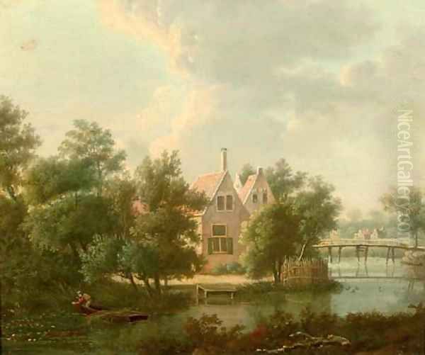 A wooded landscape with houses by a stream, a figure in a boat in the foreground Oil Painting by Anthonie Daniel Prudhomme