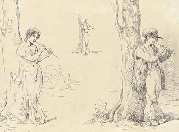 Three studies for a shepherd playing Oil Painting by Bartolomeo Pinelli