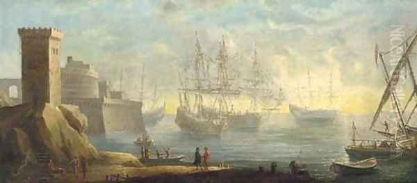 A capriccio of a mediterranean port with men-o'-war anchored before a fort Oil Painting by Pierre Puget