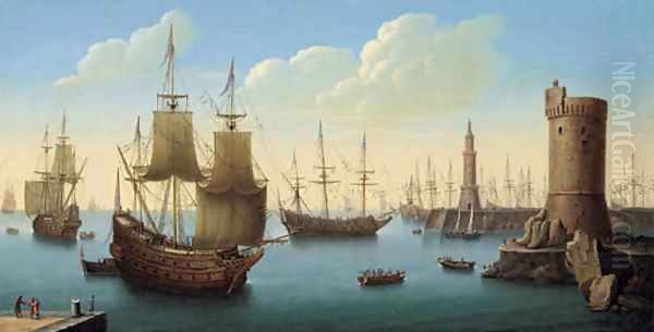 The entrance to a fortified harbour with men-o'-war at anchor, figures on a quay in the foreground Oil Painting by Pierre Puget