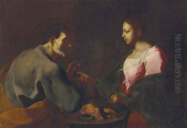 An elderly man and a woman by a brazier Oil Painting by Giuseppe Antonio Petrini