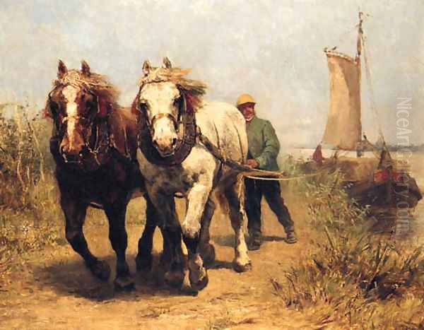 Horses On A Towpath Pulling A Barge Oil Painting by Edmond Joseph De Pratere