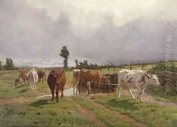 Cattle watering by a stream Oil Painting by Rene Peyrol