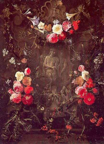 Garland of Flowers with the Ecce Homo (painted with Daniel Seghers) Oil Painting by Erasmus II Quellin (Quellinus)