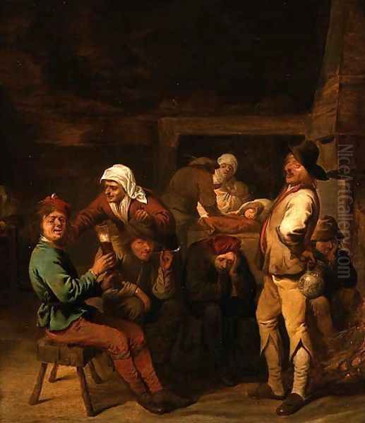 A Tavern Interior with Peasants Smoking and Drinking by the Fire Oil Painting by Pieter Jansz. Quast