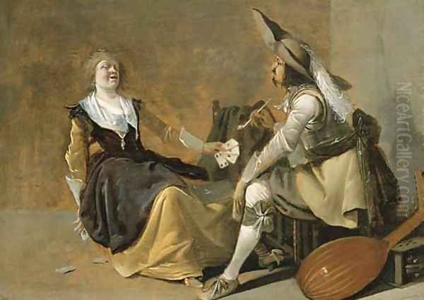 A soldier and a laughing girl in an interior Oil Painting by Pieter Jansz. Quast