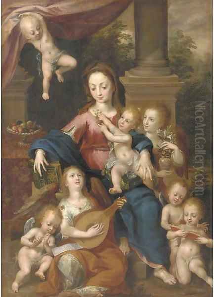 The Virgin and Child with Angels making music Oil Painting by Dirck de Quade Van Ravesteyn