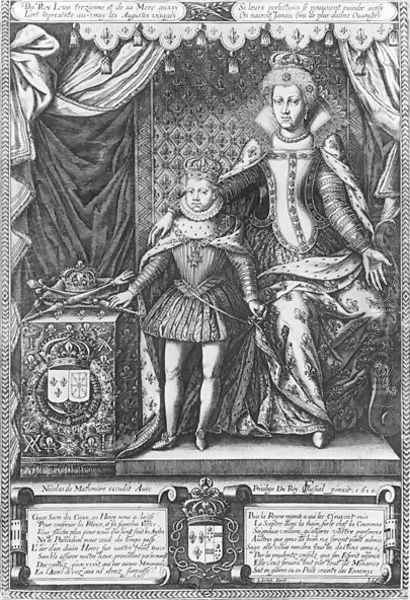 Queen Marie de Medicis and Louis XIII as a child, engraved by Nicolas de Mathoniere fl.1600-22 1610 Oil Painting by Francois, the Elder Quesnel