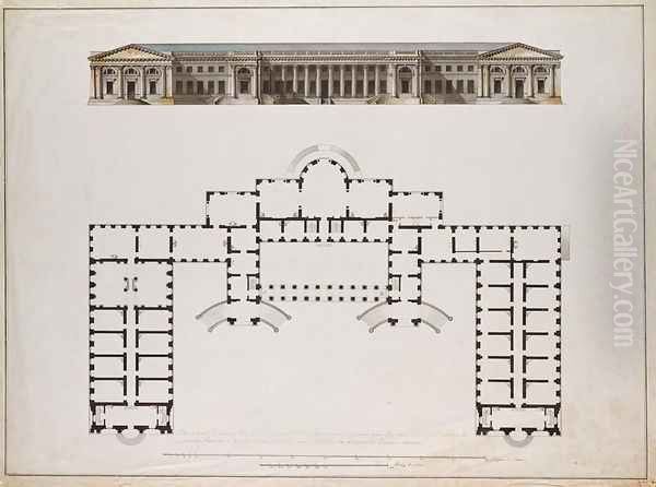 North elevation and ground plan of the Alexander Palace at Tsarkoe Selo, c.1780s Oil Painting by Giacomo Quarenghi