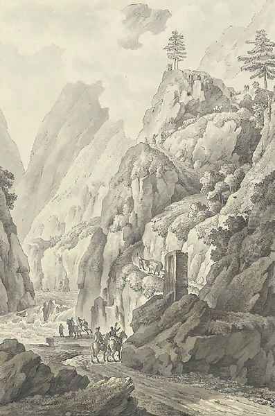 A gorge in the Caucasus, perhaps the valley of the Terek, with travellers on a road Oil Painting by Giacomo Quarenghi