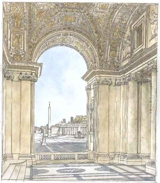 A view of the Piazza San Pietro, Rome looking south from the portico of the basilica Oil Painting by Giacomo Quarenghi