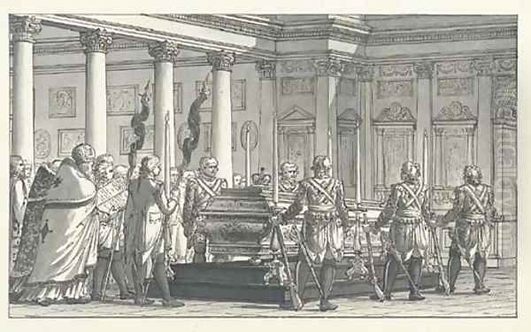 The Lying-in-State of the Emperor Paul I (1796-01), with a guard of honour, in a neoclassical interior Oil Painting by Giacomo Quarenghi